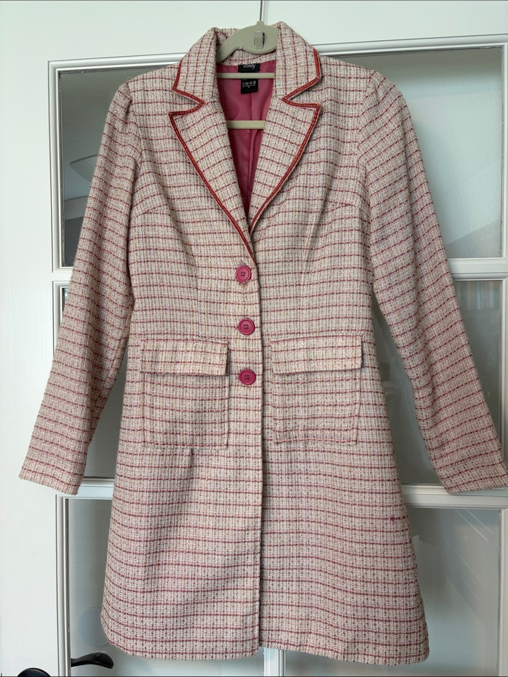 Vanity Pink Tweed Pea Coat with Red Trim